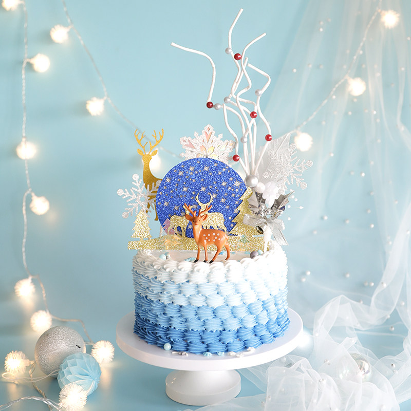 森系星空小鹿唯美蛋糕装饰白色圣诞节冰雪世界雪花松树插牌摆件