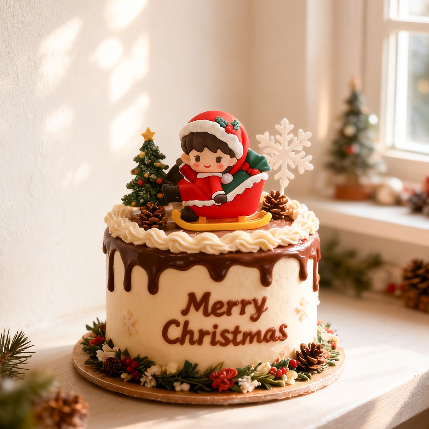 圣诞节蛋糕卡通雪橇男孩玩偶摆件