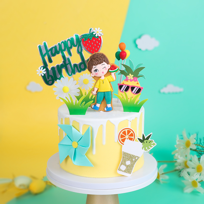 烘焙蛋糕装饰炎炎夏日吃西瓜小男孩软陶西瓜草莓菠萝水果主题装扮