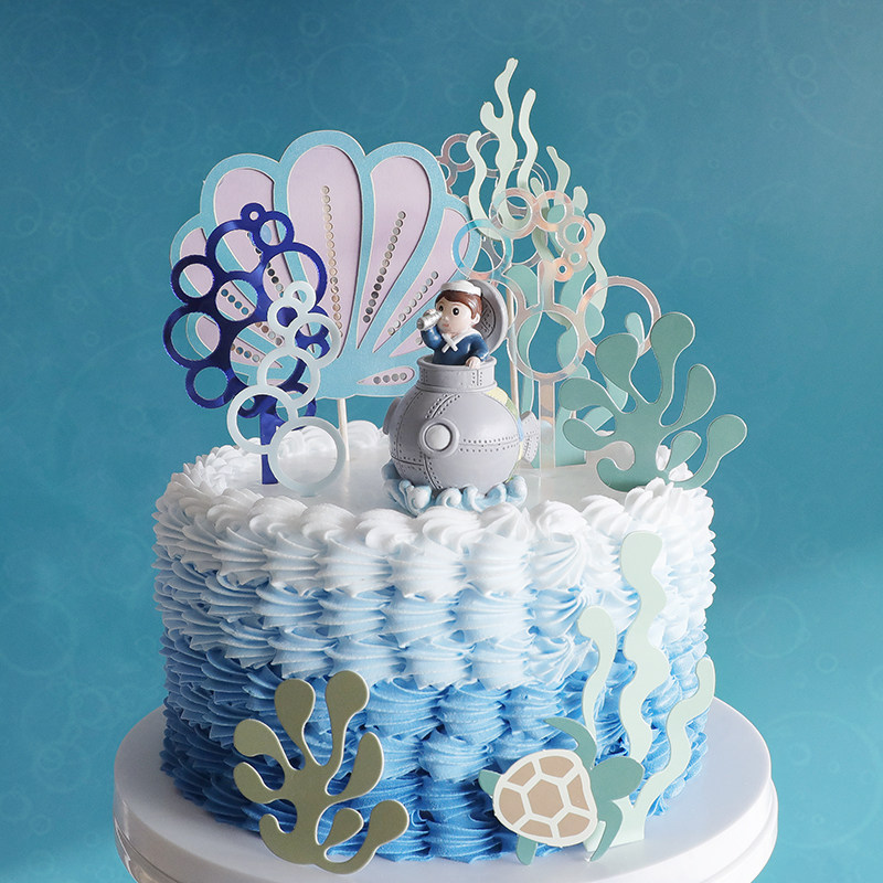 儿童生日蛋糕装扮小小潜水员机械潜水艇海洋世界主题玩偶摆件插牌