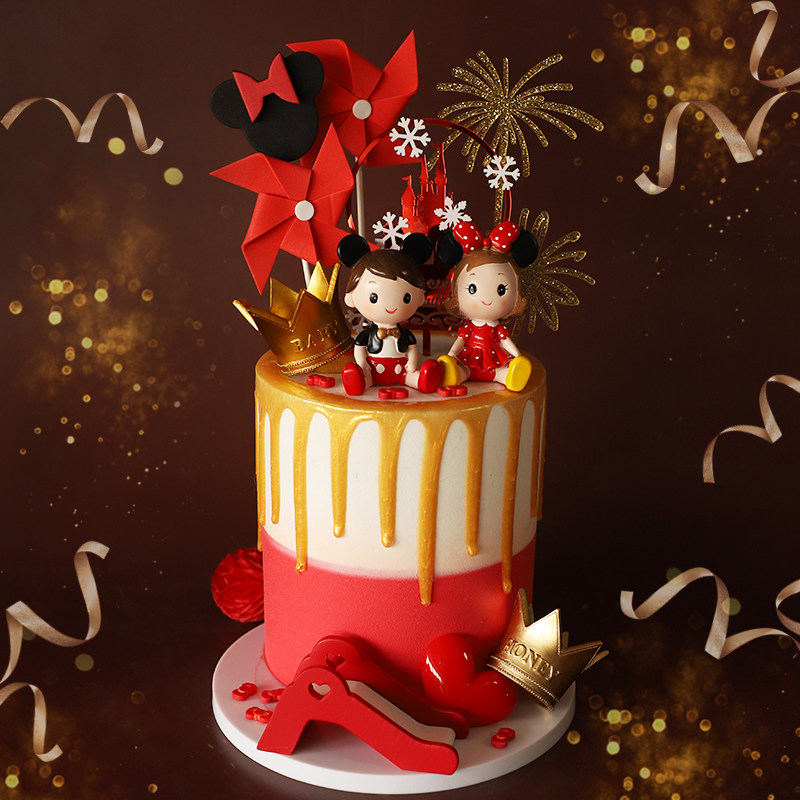 可爱小老鼠装扮男孩女孩玩偶摆件新年鼠宝宝红色生日蛋糕装饰插牌