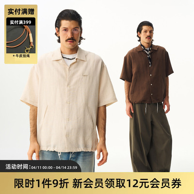 复古抽绳亚麻短袖衬衫宽松古巴领