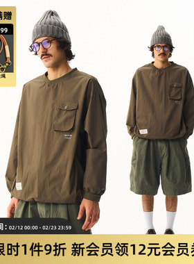 TIRES 26SS 日系复古smock套头尼龙卫衣宽松工装收口军绿刺绣圆领