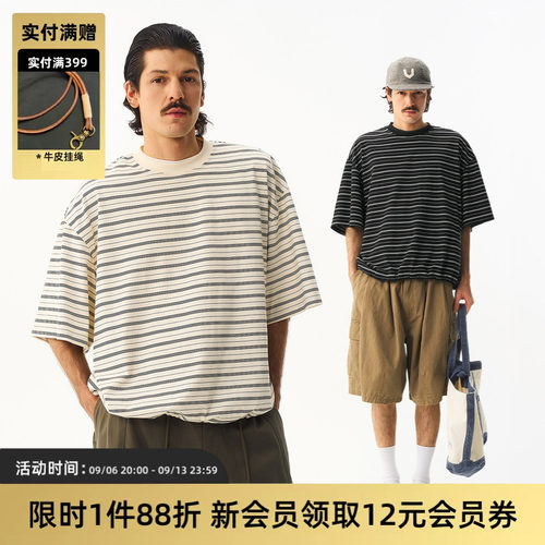 TIRES日系复古条纹抽绳短袖