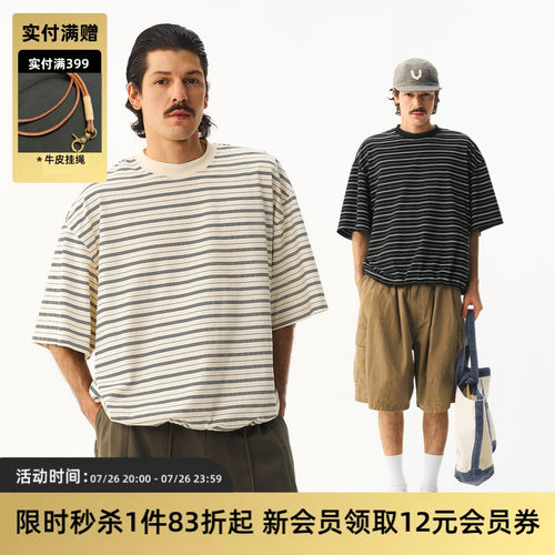TIRES日系复古条纹抽绳短袖
