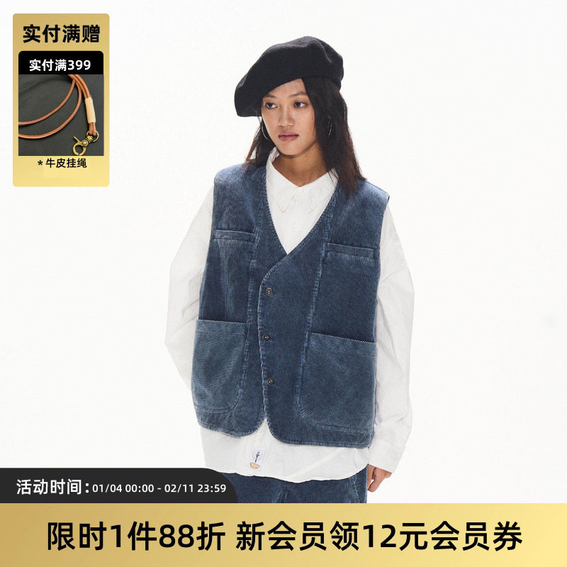 TIRES 24AW 日系复古水洗灯芯绒马甲 切线蓝染宽松背心秋冬男女,男装,常规马甲,淘宝优惠券,粉丝福利购,淘宝优惠卷