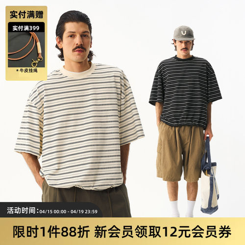 TIRES日系复古条纹抽绳短袖