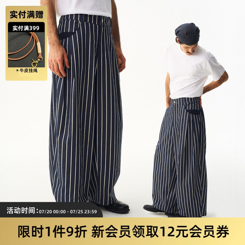 TIRES26SS 复古阔腿条纹裤气球宽松 日系调节腰围通勤休闲长裤