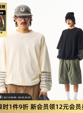 TIRES 26SS 日系拼接条纹气球长袖 宽松复古抽绳假两件设计tee