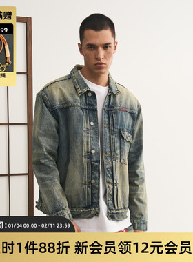 TIRES 24AW 日系复古牛仔衣夹克 日产黄泥外套重水洗油污破坏赤耳