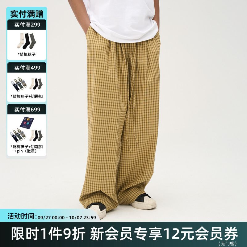 TIRES百搭复古格子抽绳宽松长裤