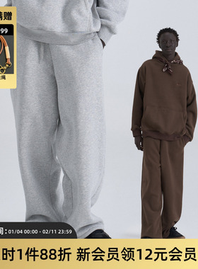 TIRES「隙柔」日系复古抓绒卫裤 调节松紧加绒运动宽松休闲直筒裤