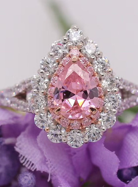 品戒指简约红碧玺满钻彩宝女心形热卖冰花粉色wish手饰