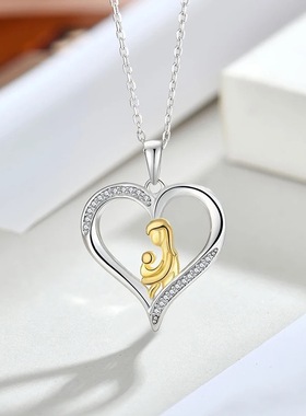 跨境热卖S925纯银母子爱心相拥抱创意项链母爱亲情心形锁骨链吊坠