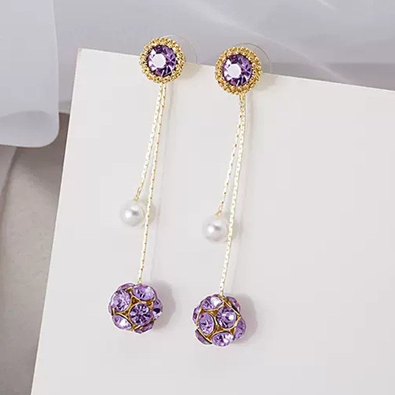 紫色珍珠流苏耳环925银针新潮2020网红个性镶钻圆球两戴耳坠耳钉