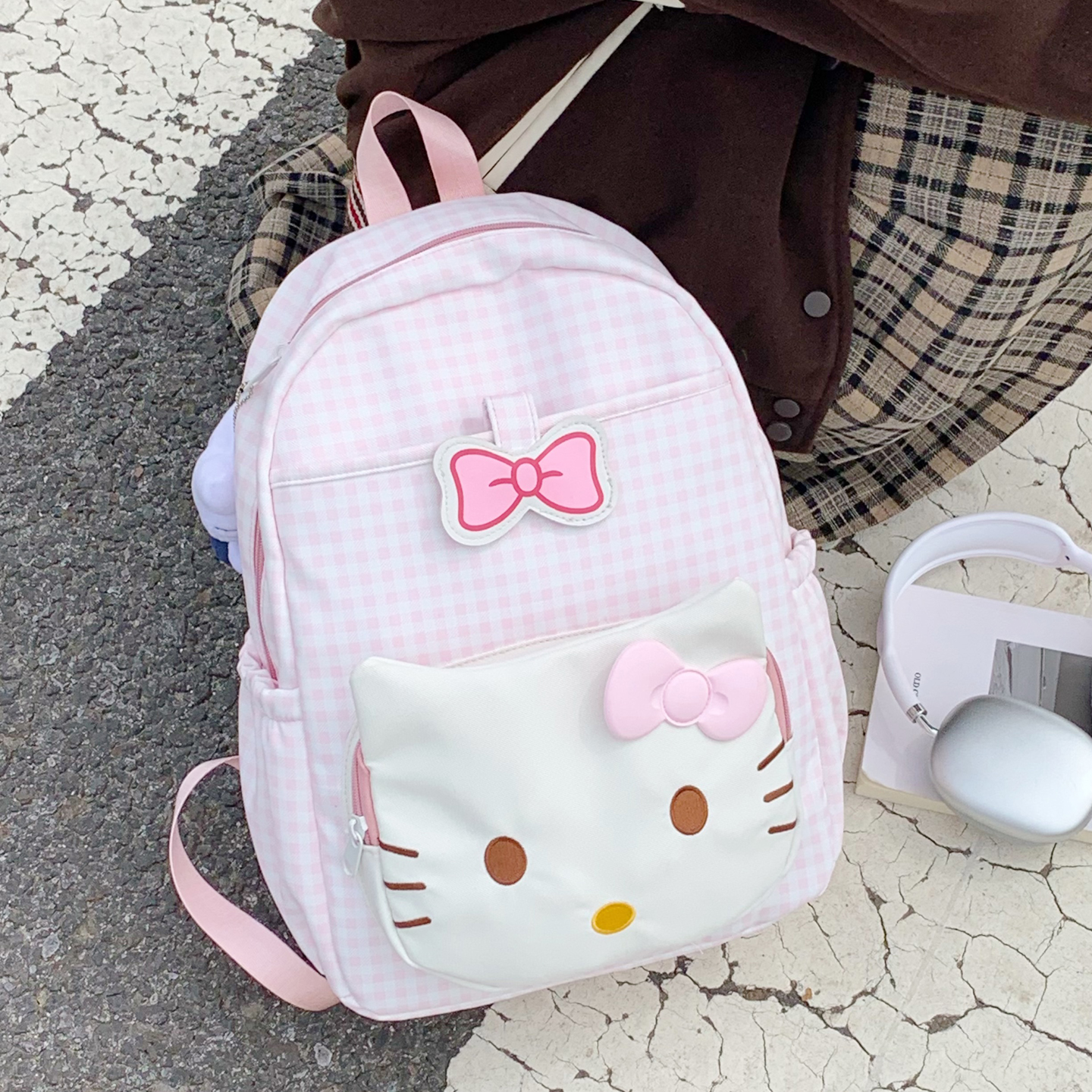 Kitty猫书包波点格子可爱双肩包