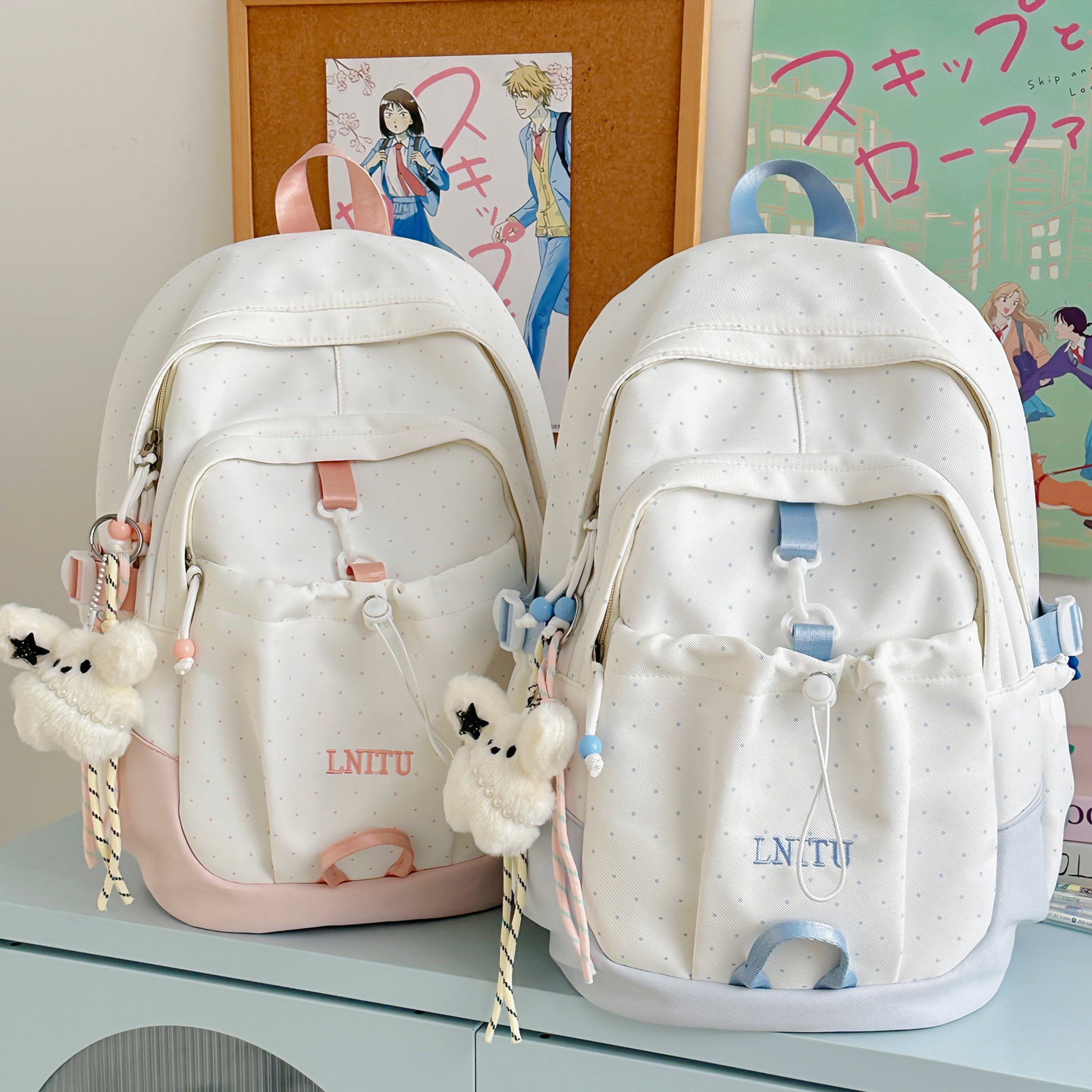 小众波点书包小清新大容量双肩包