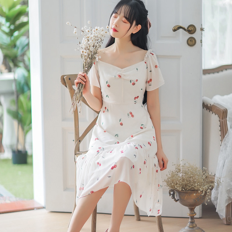 裙子女夏2020新款复古桔梗裙仙女超仙森系短袖樱桃印花雪纺连衣裙