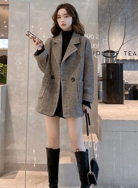 西装外套女秋冬季新款韩版英伦风毛呢宽松显瘦休闲小西服上衣耳套