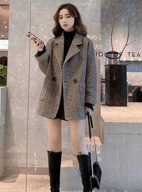 西装外套女秋冬季新款韩版英伦风毛呢宽松显瘦休闲小西服上衣耳套