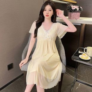 莫代尔女款 薄款 带胸垫睡裙女夏季 2025新款 宫廷风性感睡衣 短袖 大码