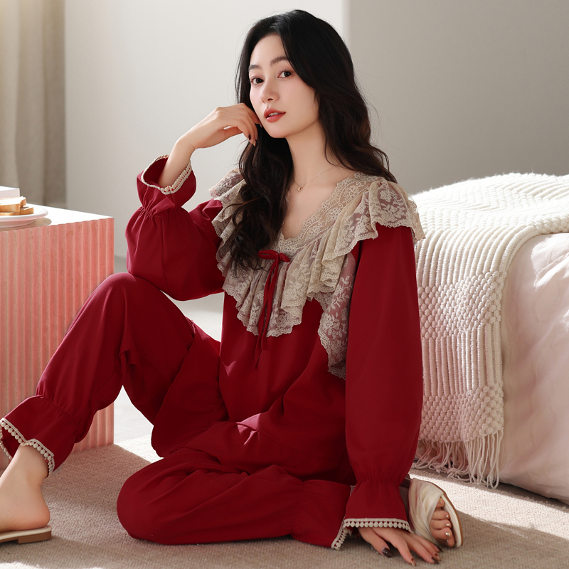 睡衣女春秋纯棉长袖女款2025年新款酒红色女士高级感本命年家居服
