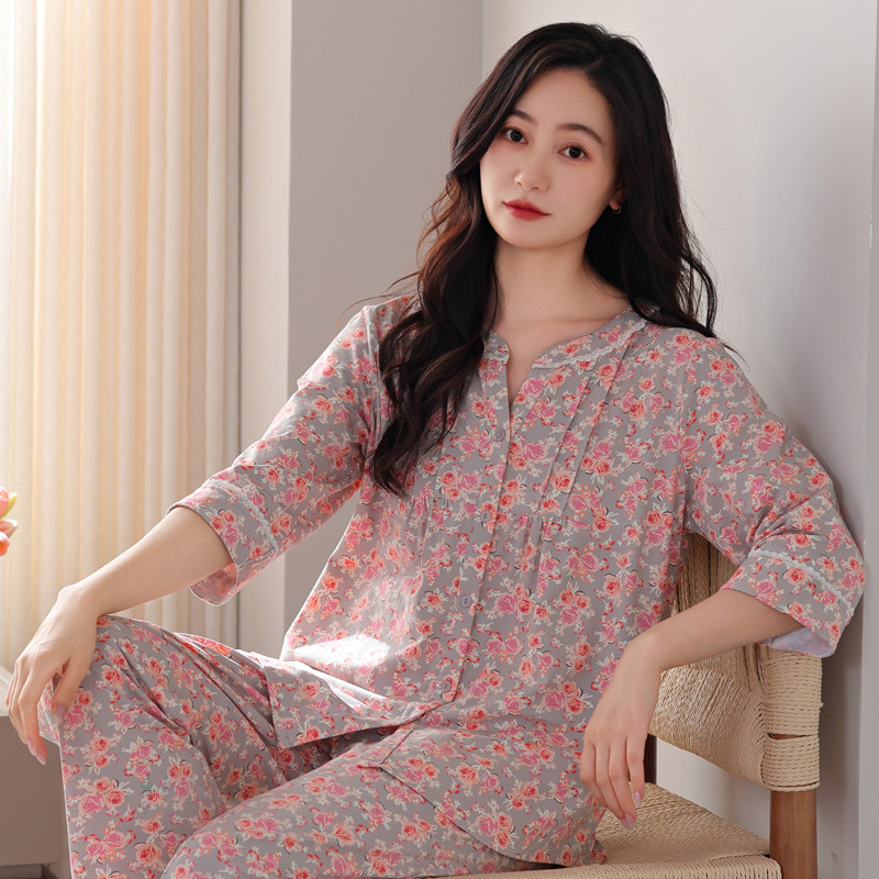 睡衣女款2025新款夏季纯棉女士碎花七分袖长裤套装薄款大码家居服