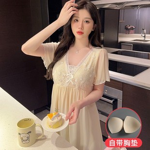 莫代尔女款 薄款 带胸垫睡裙女夏季 2025新款 宫廷风性感睡衣 短袖 大码