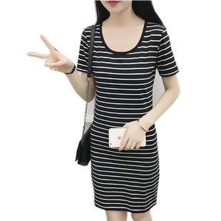 韩版条纹中长款短袖t恤女士薄款棉质修身包臀打底套头连衣裙大码