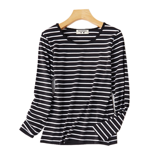 春秋内搭黑白条纹t恤女长袖百搭修身外穿大码秋衣棉质海魂衫上衣