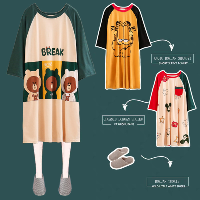 特大码睡裙女200斤夏天薄款纯棉加肥加大码220斤宽松卡通夏季睡衣