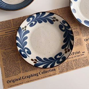 日本进口 美浓烧釉下彩盘子 单个 平盘 18.6cm直径 中盘 菜盘