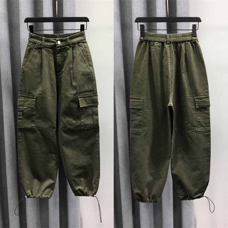 韩版束脚牛仔老爹裤女宽松显瘦松紧九分哈伦裤春秋新款高腰工装裤