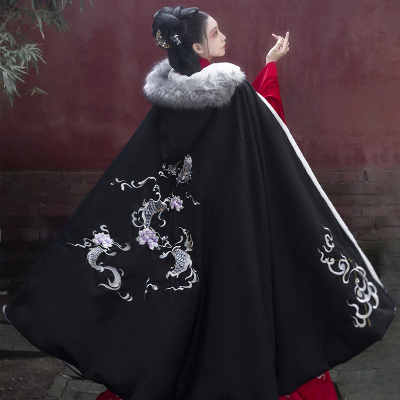 栾凰汉服【浴渊】男女龙年披风斗篷加绒加厚保暖黑色秋冬古风大氅