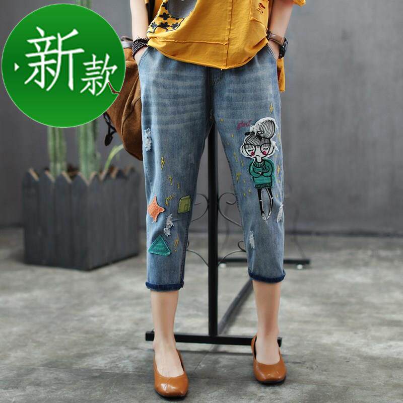 咖咪雨新款磨破七分哈伦裤女松紧腰系带春h做旧复古毛边贴布牛仔在类目 女装/女士精品, 牛仔裤中 - 来自Buy2taobao.com提供专业的淘宝代购服务