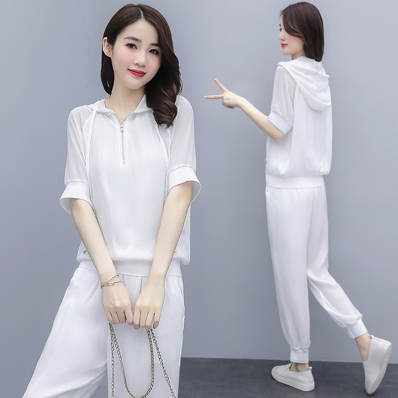 欧货运动休闲卫衣套装女夏季2023新款连帽洋气时髦减龄显瘦两件套