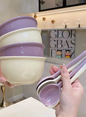 【4碗4勺】陶瓷釉下彩奶油米饭碗4.5英寸汤碗甜品碗勺沙拉儿童碗