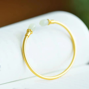 天然银镶和田玉玉兰花素银手镯原创设计网红款附证书礼物饰品手链