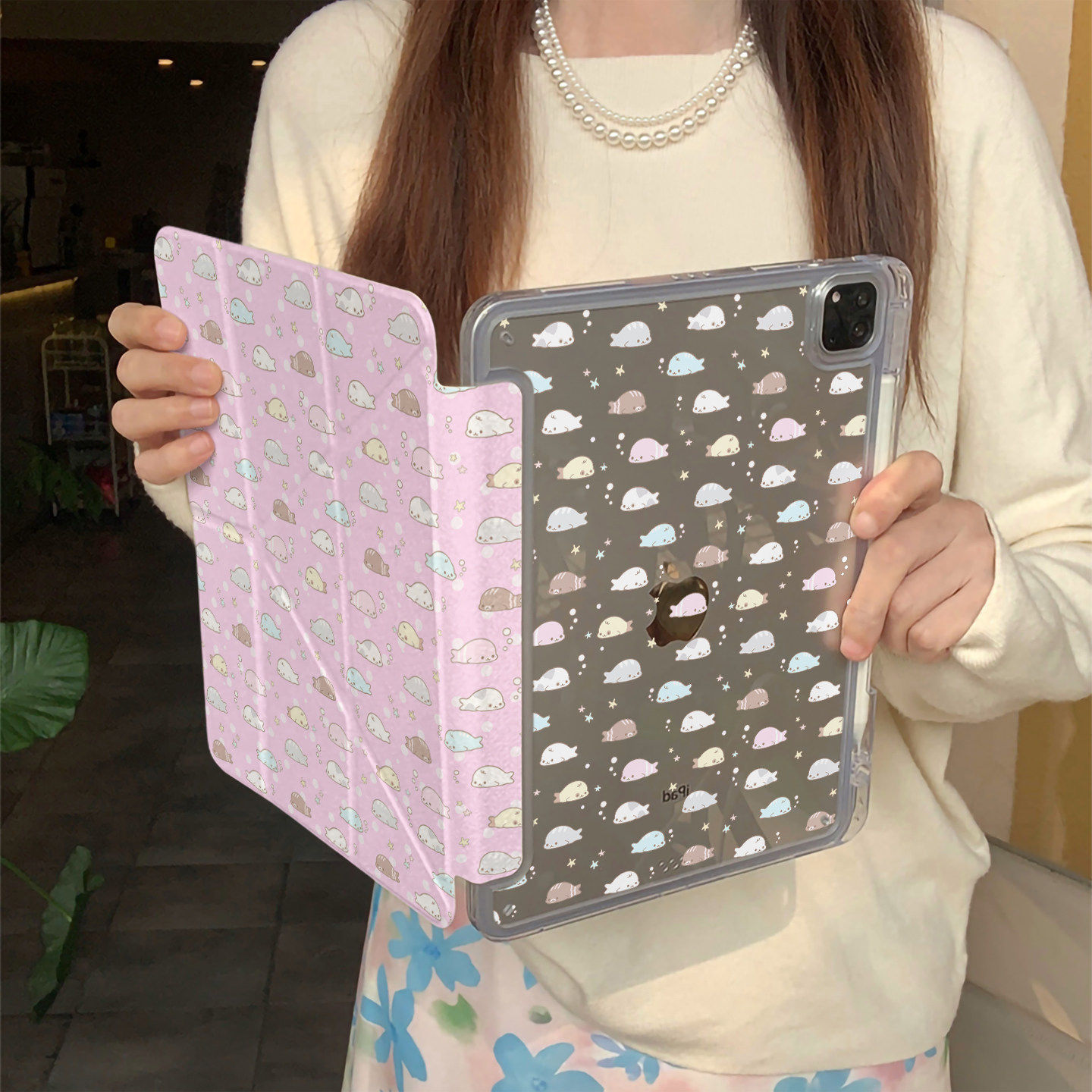 粉底满屏海豹Y+三折高透苹果iPad平板保护壳适用于苹果iPad air亚克力防弯mini带笔槽pro2018/2020/2021/2022
