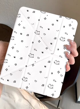 韩系ins星星小猫适用苹果ipad平板保护套pro/air7/miniY折高透11/10.9/13/12.9/10.2寸防弯防摔10/11代带笔槽