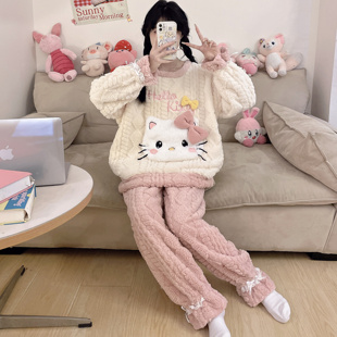 胖MM家居服套装 冬季 加绒加厚珊瑚绒女士睡衣HelloKitty少女加大码