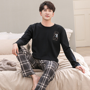 男士纯棉睡衣长袖春秋季休闲风薄款大码胖男生180斤可外穿家居服