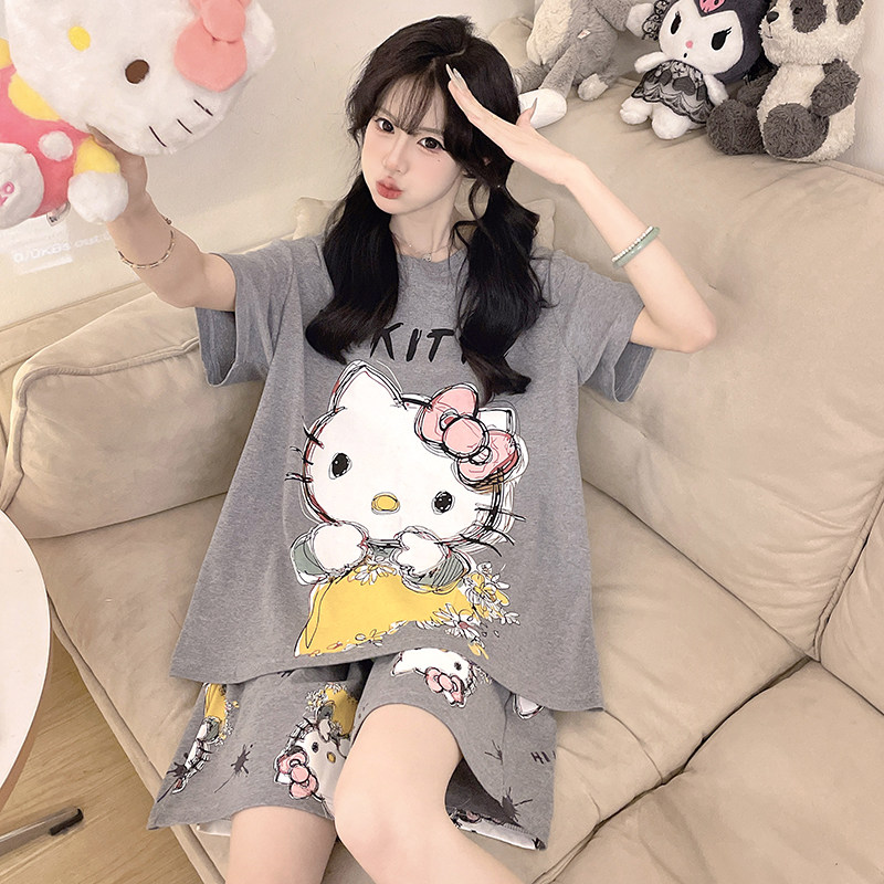 纯棉新款女士睡衣夏季纯棉短袖卡通可爱加大码初高中生家居服套装