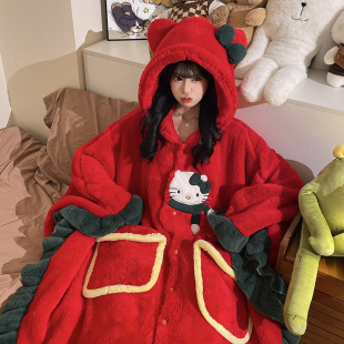 胖女生家居服 加大码 女士珊瑚绒睡袍秋冬季 加厚加绒连帽卡通中长款