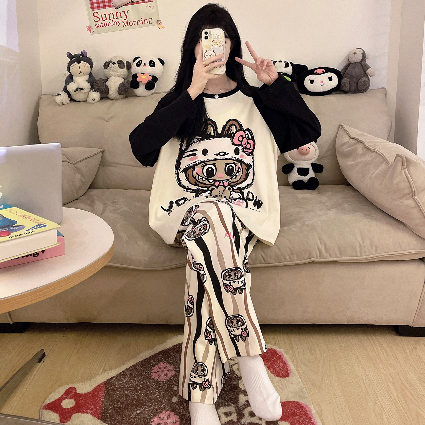 睡衣女士春秋季长袖长裤纯棉薄卡通可爱宽松加大码胖MM家居服套装