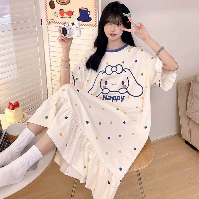 纯棉睡衣女夏季短袖中长款睡裙薄款可爱加大码胖MM学生家居服套装