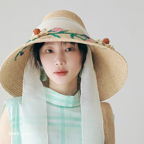 春夏女大檐拉菲草绣花防晒渔夫帽