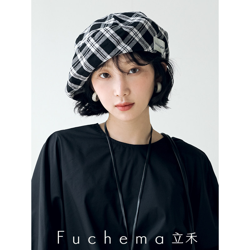 FUCHEMA 双面戴格纹贝雷帽女秋冬天文艺复古显脸小大帽围画家帽子