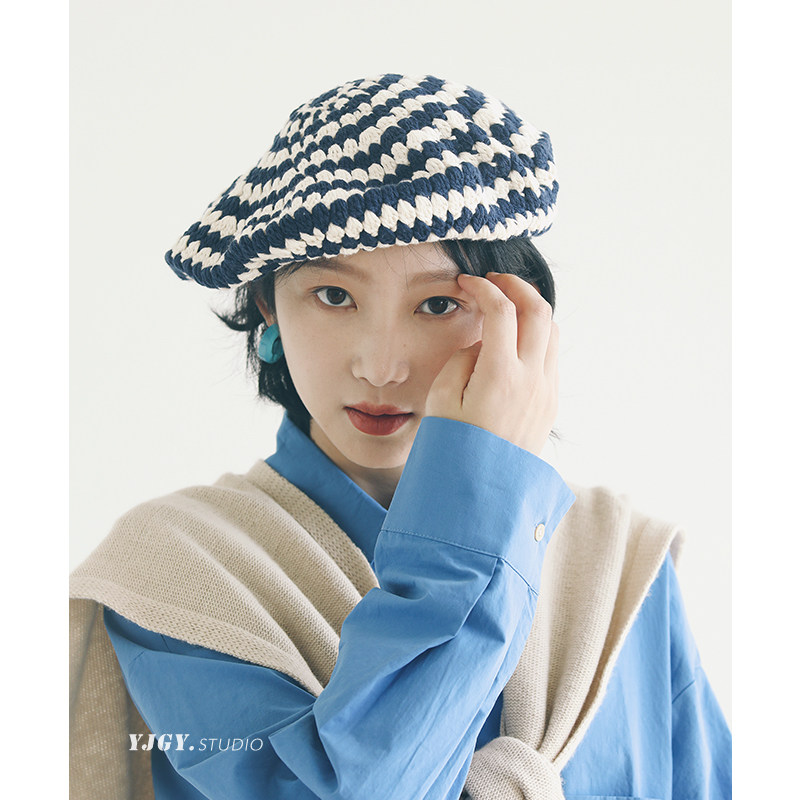 设计师原创自留款 钩针撞色贝雷帽女秋冬季百搭高级感显脸小帽子