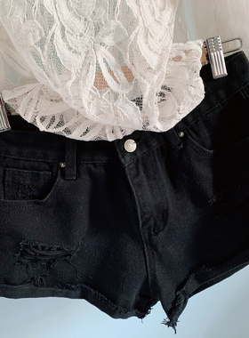 American Angel AA UR黑色水洗磨破毛边卷边做旧牛仔短裤